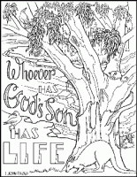 Scripture Doodle colouring page for kids with kangaroo 1 John 5:12