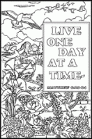 FREE Scripture Doodle colouring page for kids - Live one day at a time; flowers and birds nature scene; Matthew 6:25-34