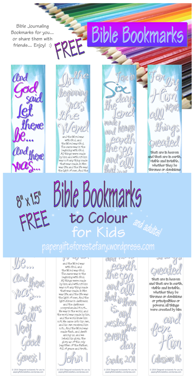 FREE Bible journal bookmarks to colour - Genesis 1; John 1; Exodus 20; Colossians 1; free printable