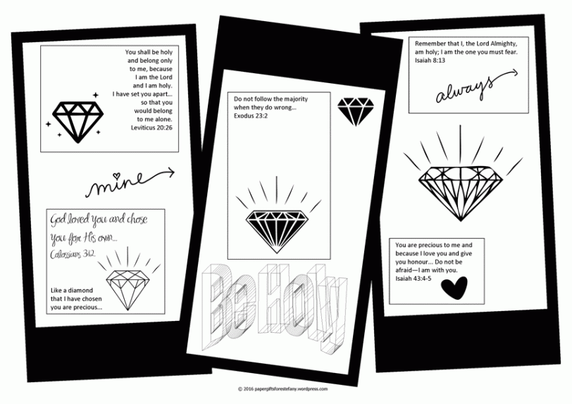FREE Scripture doodle Bible colouring page with diamonds; Colossians 3:12; Leviticus 20:26; Exodus 23:2; Isaiah 8:13; Isaiah 43:4-5; free printable