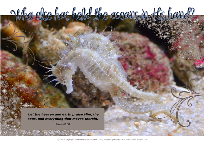 Seahorse - Bible Poster by Paper Gifts for Estefany with Bible verses from Isaiah 40:12 - Who else has held the oceans in His hand; and Psalm 69:34 - Let the heaven and earth praise Him, the seas, and everything that moves therein; free printable