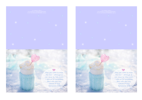 FREE mauve note cards with Bible verse from Ephesians 3:19; perfect to make you feel warm and cosy on a snowy day, this delicious cup of hot chocolate or coffee is wrapped in a soft aqua woollen jumper and set among the sparkling snow, filled with whipped cream and embellished with a pink heart; free printable
