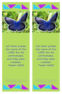 FREE Bible bookmark with Bible verse from Psalm 148:5; blue butterfly on lime green background; free printable