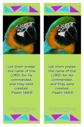 FREE Bible bookmark with Bible verse from Psalm 148:5; macaw parrot on lime green background; free printable