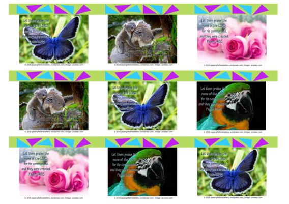 FREE Biblewallet cards with Bible verse from Psalm 148:5; blue butterfly, koala, pink roses, macaw; lime green background; free printable