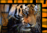 FREE Bible poster with tiger photo and Bible verse from Joshua 1:9 on striped orange/black background; free printable