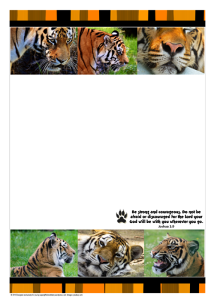 FREE stationery with tiger photos and Bible verse from Joshua 1:9 on white background with striped orange/black border; free printable