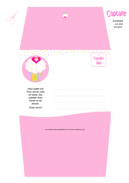 FREE pink and white envelope with cupcake, sprinkles, a tiny gold star and pink hearts; Bible verse from Psalm 119:103; free printable