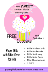 FREE paper gifts with pink and white cupcake, sprinkles, a tiny gold star and pink hearts; Bible verse from Psalm 119:103; free printable