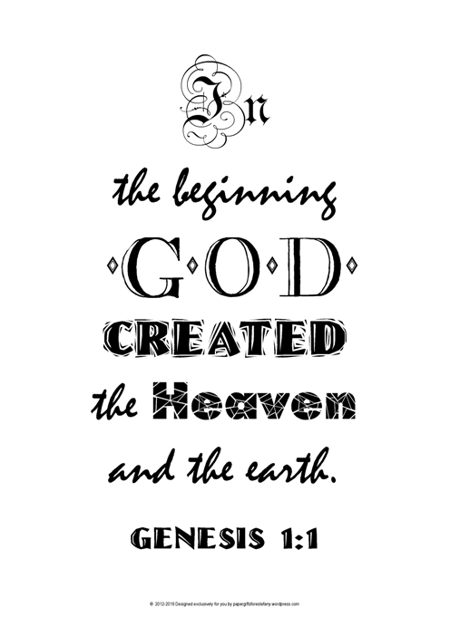 Typography black and white word art poster with Bible verse from Genesis 1:1; free printable