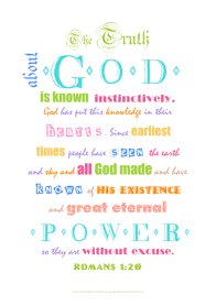 Typography word art poster with Bible verse from Romans 1:20; coloured text on white background; free printable