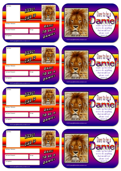 FREE Dare to be a Daniel secret ID cards (Bible wallet cards) for kids (for Daniel in the Lions' Den and Daniel's 3 Friends in the Fiery Furnace) with Bible verse from Daniel 1:8; free printable
