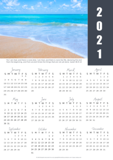 FREE 2021 calendar with Bible verse and photo of a beautiful beach; free printable