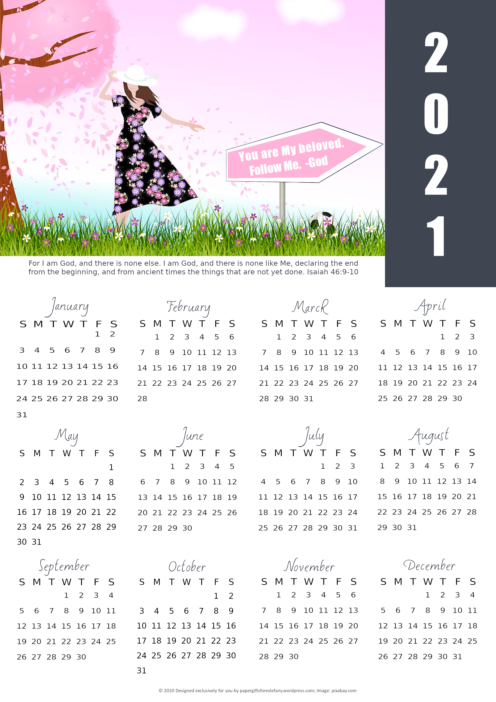 FREE 2021 calendar with Bible verse, girl in pink and mauve floral dress holding her hat, soccerball on grass, and 'You are my Beloved. Follow Me. -God' signpost; free printable