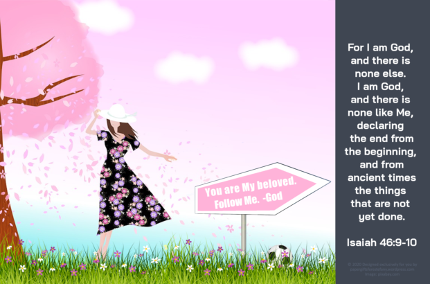 FREE Bible Poster with Bible verse from Isaiah 46:9-10, a girl in a pink and mauve floral dress holding her hat, soccer ball on the grass, and 'You are my Beloved. Follow Me. -God' signpost; free printable