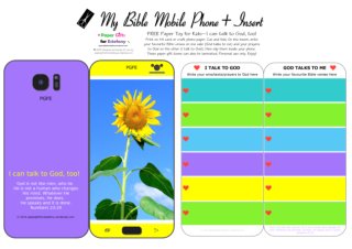 Mobile Phone paper toy craft with sunflower photo on mauve and yellow background; I talk to God; God talks to me; write out your favourite Bible verses and prayers to God; free printable