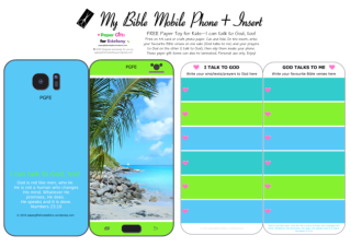 Mobile Phone paper toy craft with Beach photo on blue and green background; I talk to God; God talks to me; write out your favourite Bible verses and prayers to God; free printable