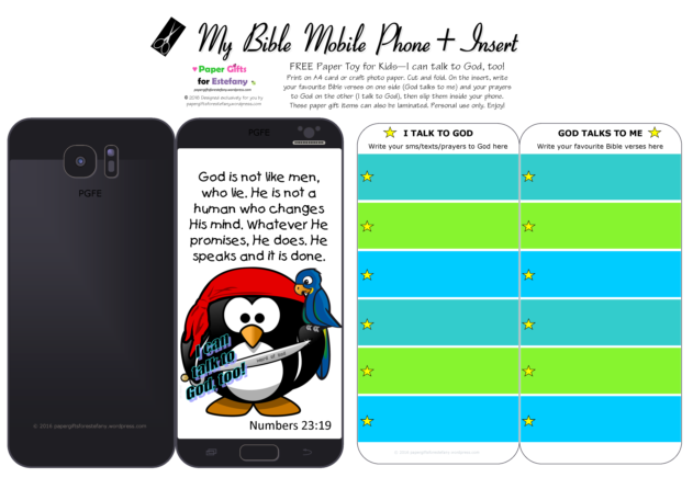 Mobile Phone paper toy craft with penguin pirate on black background; I talk to God; God talks to me; write out your favourite Bible verses and prayers to God; free printable