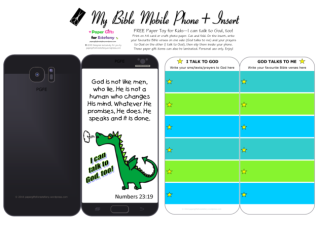 Mobile Phone paper toy craft with dinosaur dragon on black background; I talk to God; God talks to me; write out your favourite Bible verses and prayers to God; free printable