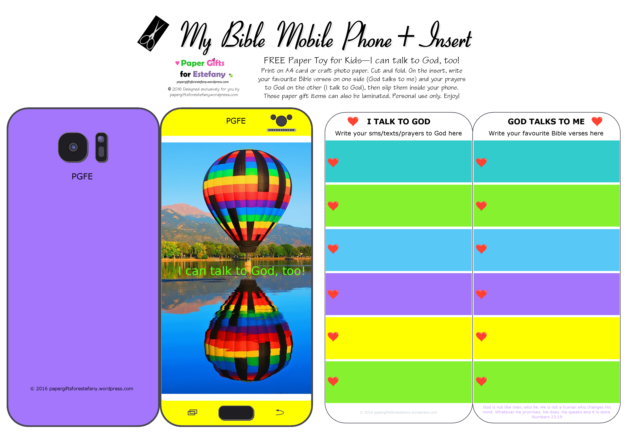 Mobile Phone paper toy craft with hot air balloon photo on mauve and yellow background; I talk to God; God talks to me; write out your favourite Bible verses and prayers to God; free printable