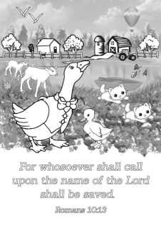 FREE Scripture Doodle Romans 10:13; farm pond with row boat, geese, kittens, calves, butterflies; free printable
