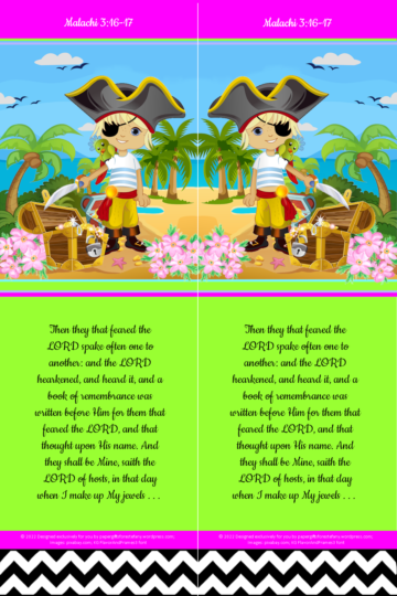Bible Treasure Theme colourful bookmark for kids with tropical island, pirate, treasure chests, jewels, and Bible verses from Malachi 3:16-17; free printable