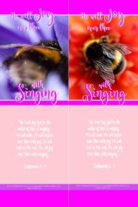 FREE Bumblebee bookmarks with Bible verse from Zephaniah 3:17; apricot, bright pink, mauve background; free printable