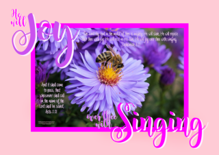 FREE Bee poster with Bible verses from Zephaniah 3:17 and Acts 2:21; bee on mauve daisy, apricot and bright pink background with bright pink and mauve text; free printable