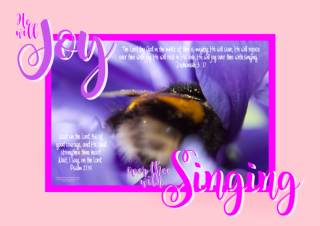 FREE Bumblebee poster with Bible verses from Zephaniah 3:17 and Psalm 27:14; cute bumblebee in purple flower, apricot and bright pink background with bright pink and mauve text; free printable