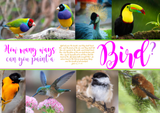 FREE Birds poster with a collage of different birds (gouldian finches, toucan, hummingbirds, and other small birds) and Bible verse from Job 12:7-10; free printable