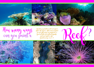 FREE Coral Reef poster with Bible verse from Deuteronomy 32:3-4; bright pink, lime, white background; free printable