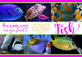 FREE Coral Reef Fish poster with Bible verse from Exodus 20:11; bright pink, lime, white background; free printable