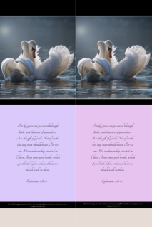 FREE White Swans bookmark with Bible verse from Ephesians 2:8-10; mauve, dusky pink, beige, and black background; free printable
