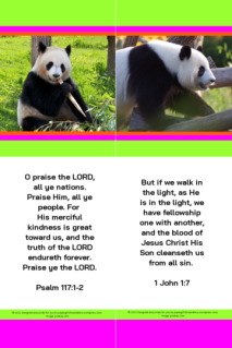 FREE Panda bookmarks with Bible verses from Psalm 117:1-2 and 1 John 1:7; bright pink, lime, orange, white background; free printable