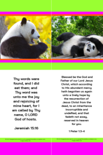 FREE Panda bookmarks with Bible verses from Jeremiah 15:16 and 1 Peter 1:3-4; bright pink, lime, orange, white background; free printable