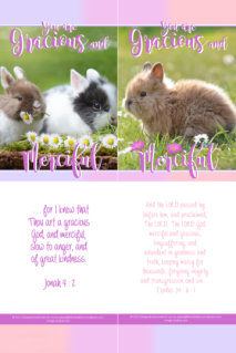 FREE Bunny Rabbit bookmarks with Bible verses from Jonah 4:2 and Exodus 34:6-7; mauve, pink, apricot and white background; free printable