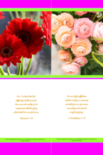 FREE Flower bookmark with Bible verses from Romans 8:18 and 2 Corinthians 4:17; bright pink, lime, white background; free printable