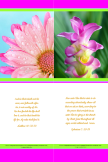 FREE Flower bookmark with Bible verses from Matthew 10:38-39 and Ephesians 3:20-21; bright pink, lime, white background; free printable