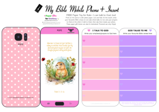 Mobile Phone paper toy craft with cute groundhog and ladybugs on mauve, pink and apricot polka dot background; I talk to God; God talks to me; write out your favourite Bible verses and prayers to God; free printable