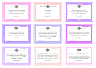 Fearfully and Wonderfully Made Bible wallet cards with assorted Bible verses from Psalm 139, Isaiah 43-44, Jeremiah 1:5, Colossians 3:12; pink, apricot, mauve; free printable