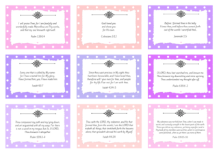 Fearfully and Wonderfully Made Bible wallet cards with assorted Bible verses from Psalm 139, Isaiah 43-44, Jeremiah 1:5, Colossians 3:12; pink, apricot, mauve and polka dots; free printable
