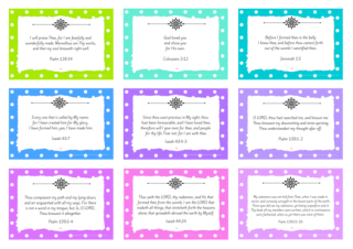 Fearfully and Wonderfully Made Bible wallet cards with assorted Bible verses from Psalm 139, Isaiah 43-44, Jeremiah 1:5, Colossians 3:12; spring brights and polka dots; free printable