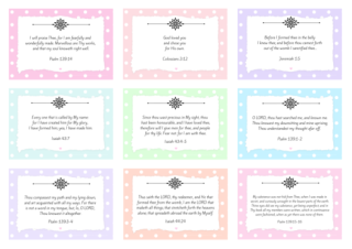 Fearfully and Wonderfully Made Bible wallet cards with assorted Bible verses from Psalm 139, Isaiah 43-44, Jeremiah 1:5, Colossians 3:12; pastel polka dots; free printable
